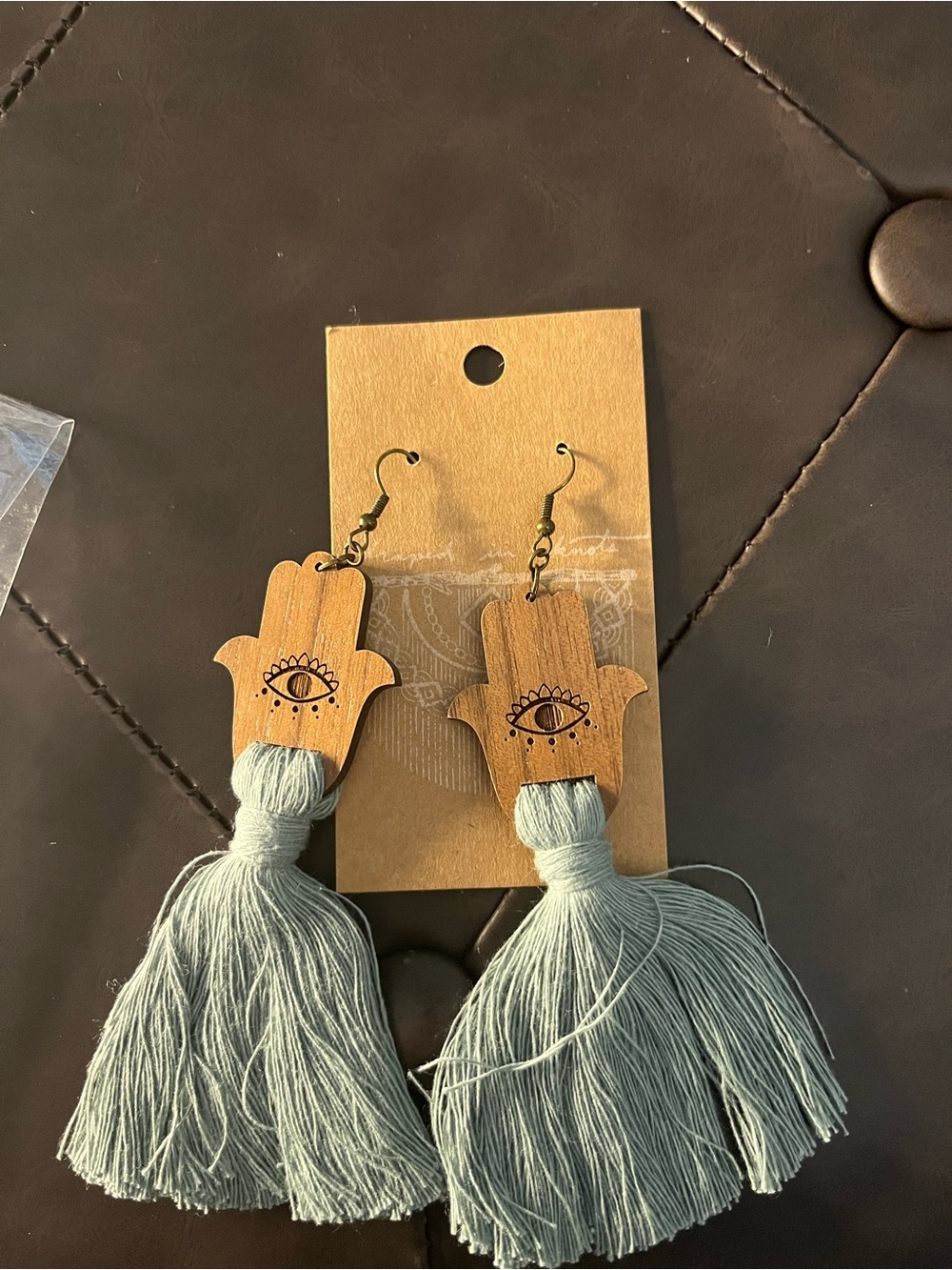 Hamsa Hand Tassel Earrings in Light sage green